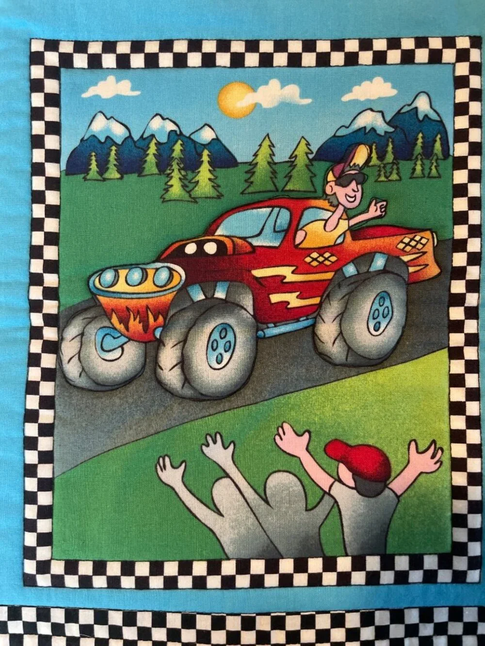 Monster Truck Kids Quilted Wall Hanging Checkered Border 14.5”x26.5”